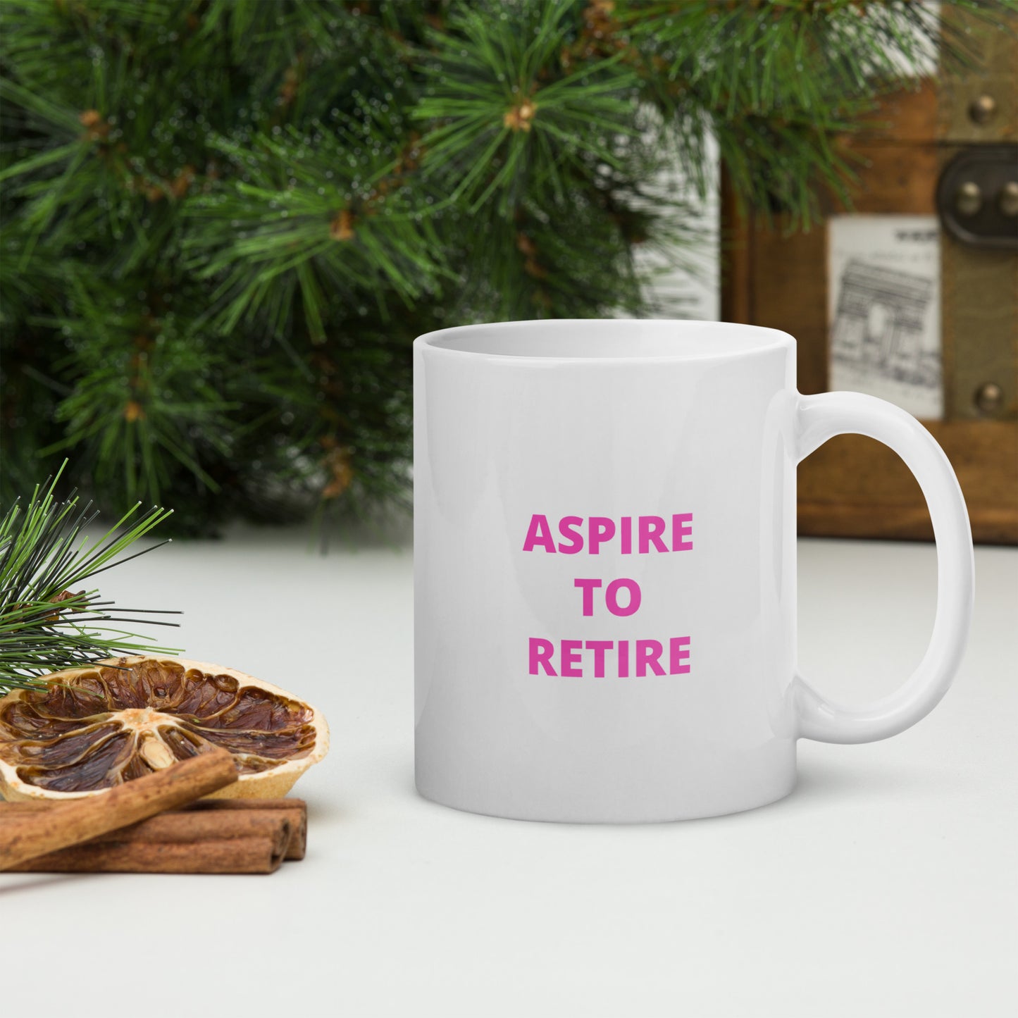 Aspire to Retire White glossy mug